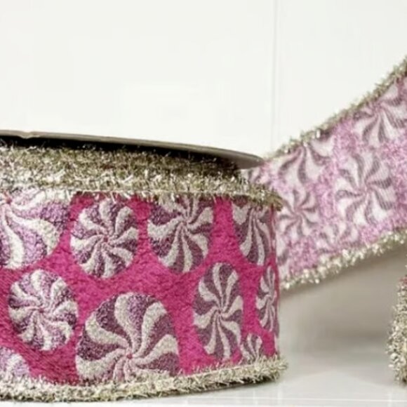 Sweet Pink Peppermint Jacquard Ribbon with Silver Tinsel Edging Christmas Crafts - Picture 4 of 5